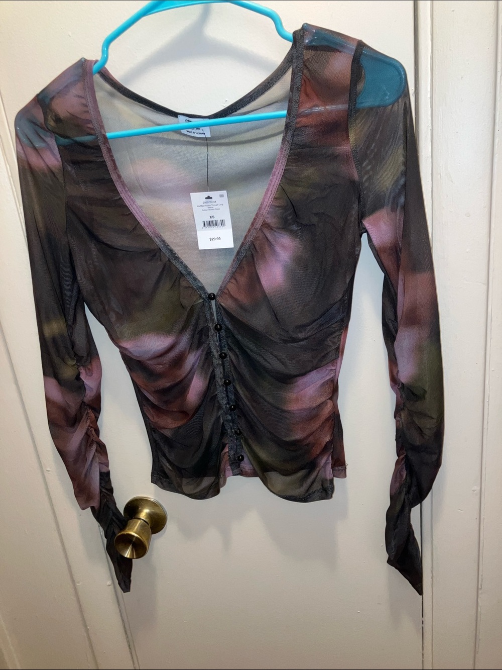Cotton On Sheer Ruched Button-Front V-Neck Top - Pink, Olive, Brown